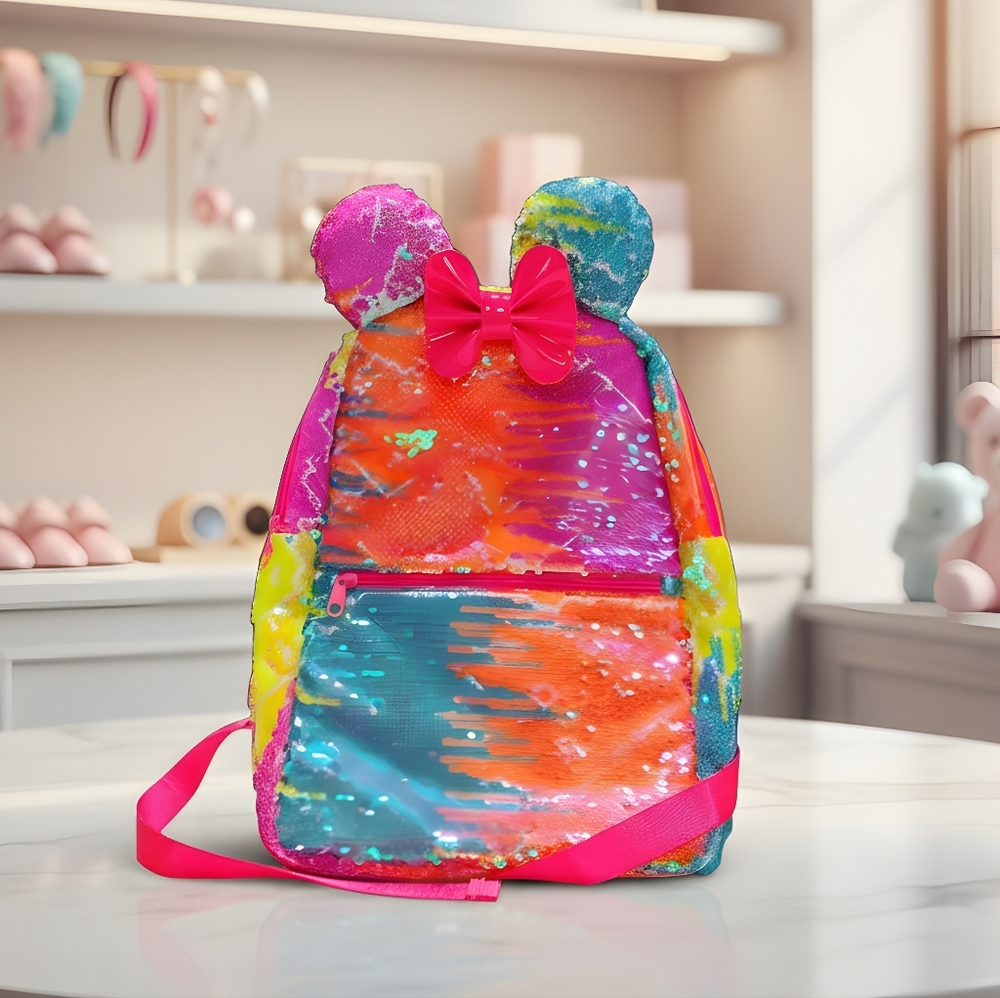 Disney Parks Colorful Kids Reversible Sequin Backpack with Ears and Bow.